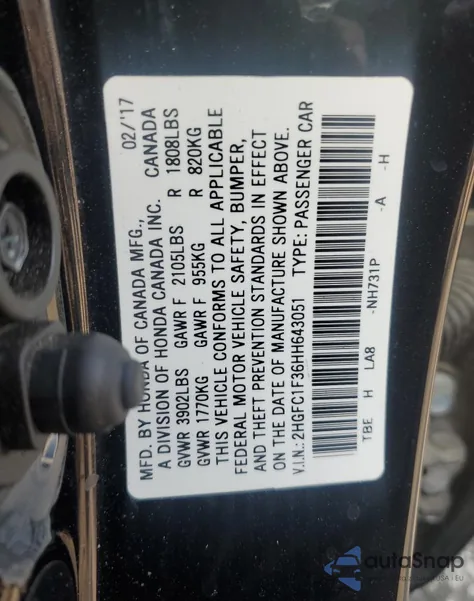 2017 Honda Civic Ex из США, поврежденный, VIN 2HGFC1F36HH643051